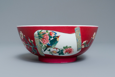 A fine Chinese famille rose ruby ground bowl, Yongzheng