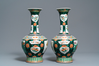 A pair of Chinese famille verte bottle vases, 19th C.