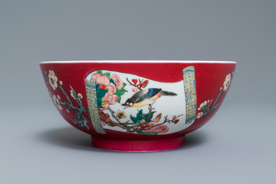 A fine Chinese famille rose ruby ground bowl, Yongzheng