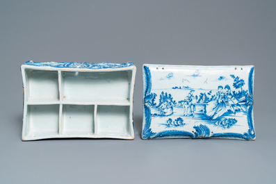 A rare Dutch Delft blue and white jewelry box and cover, 18th C.