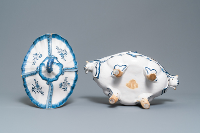 A blue and white Brussels faience rocaille tureen and cover, 18th C.