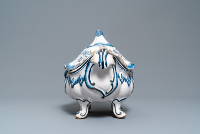 A blue and white Brussels faience rocaille tureen and cover, 18th C.