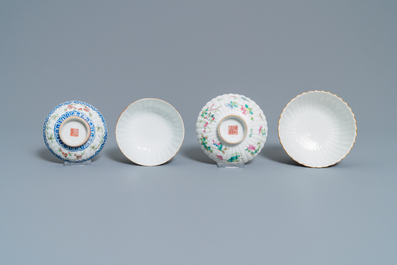 Two Chinese famille rose teapots and four covered bowls on stands, 19th C.