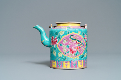 A large Chinese turquoise-ground famille rose teapot for the Straits or Peranakan market, 19th C.