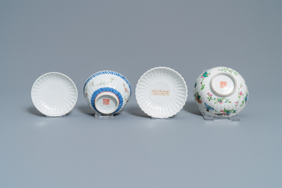 Two Chinese famille rose teapots and four covered bowls on stands, 19th C.