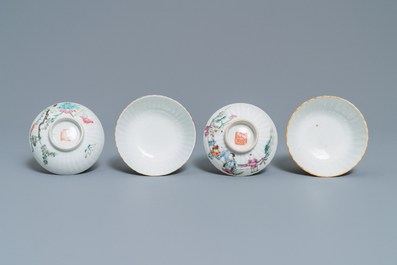 Two Chinese famille rose teapots and four covered bowls on stands, 19th C.