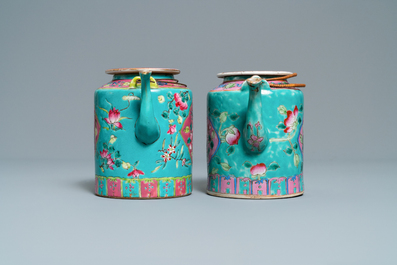 Two large Chinese turquoise-ground famille rose teapots for the Straits or Peranakan market, 19th C.