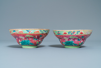 A pair of Chinese famille rose pink-ground bowls for the Straits or Peranakan market, 19th C.