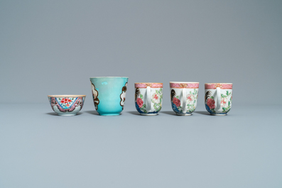 Ten Chinese famille rose and verte cups and eight saucers, Yongzheng and later