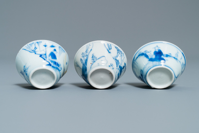 Eight Chinese blue and white cups and saucers, Kangxi/Qianlong