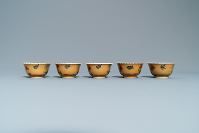 Ten Chinese famille rose and verte cups and eight saucers, Yongzheng and later