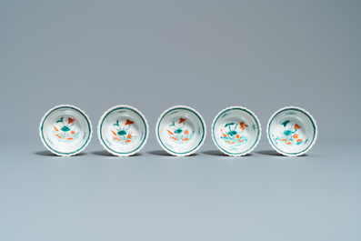 Ten Chinese famille rose and verte cups and eight saucers, Yongzheng and later