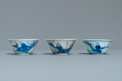 Eight Chinese blue and white cups and saucers, Kangxi/Qianlong