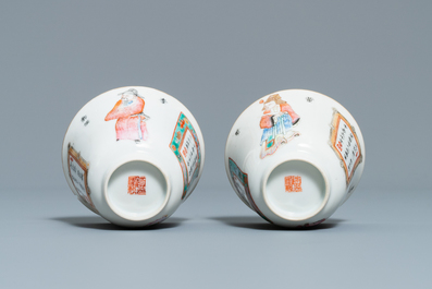 A pair of Chinese famille rose 'Wu Shuang Pu' cups and saucers, 19th C.