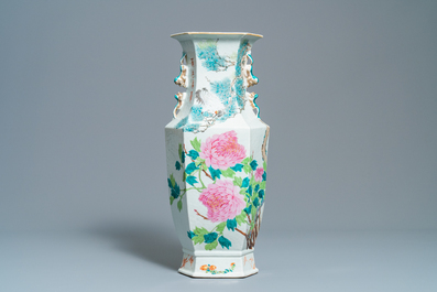 A Chinese hexagonal qianjiang cai landscape vase, 19/20th C.