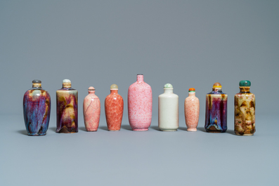 Nine Chinese monochrome and flamb&eacute;-glazed snuff bottles, 19/20th C.