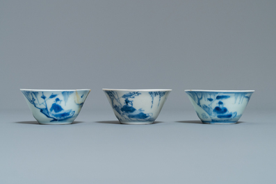 Eight Chinese blue and white cups and saucers, Kangxi/Qianlong