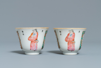 A pair of Chinese famille rose 'Wu Shuang Pu' cups and saucers, 19th C.