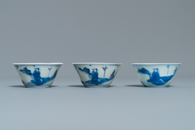 Eight Chinese blue and white cups and saucers, Kangxi/Qianlong