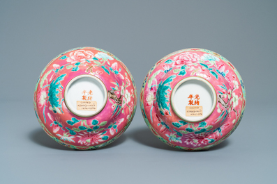 A pair of Chinese famille rose pink-ground bowls for the Straits or Peranakan market, 19th C.