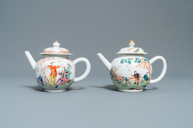 Deux th&eacute;i&egrave;res et deux bo&icirc;tes &agrave; th&eacute; en porcelaine de Chine famille rose, Qianlong