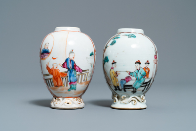 Deux th&eacute;i&egrave;res et deux bo&icirc;tes &agrave; th&eacute; en porcelaine de Chine famille rose, Qianlong