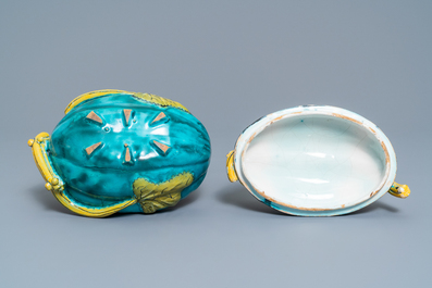 A polychrome Brussels faience melon-shaped tureen and cover, 18th C.