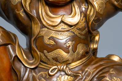 A large Japanese parcel-gilt bronze okimono of Benkei holding a koro or incense burner, attr. to Miyao Eisuke, Meiji, ca. 1900