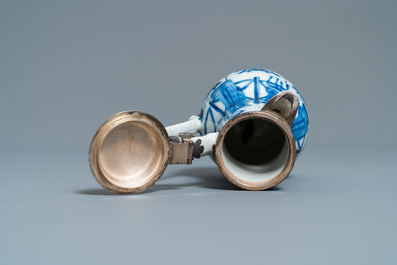 Three Chinese blue and white ewers, a teapot and a metal-mounted vase, Kangxi/Qianlong