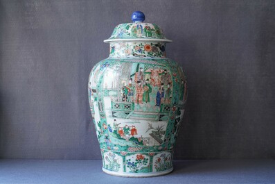 A pair of large Chinese famille verte vases and covers, Kangxi