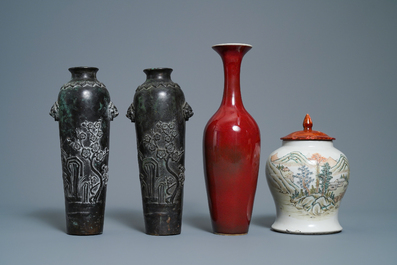 A varied selection of Chinese porcelain, bronze, wood and hardstone, 19/20th C.