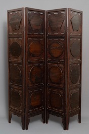 A Chinese wooden room divider with famille rose 'Romance of the Western Chamber' plaques, Republic