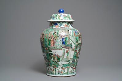 A pair of large Chinese famille verte vases and covers, Kangxi