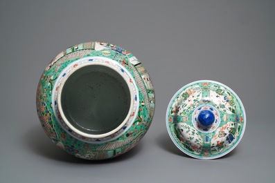 A pair of large Chinese famille verte vases and covers, Kangxi