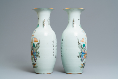 A pair of Chinese famille rose vases with ladies and boys in a garden, 19/20th C.