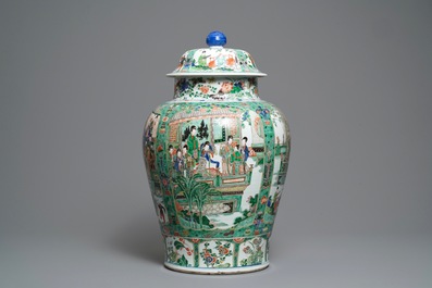 A pair of large Chinese famille verte vases and covers, Kangxi