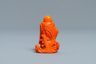 A Chinese carved red coral snuff bottle with a dragon, Republic