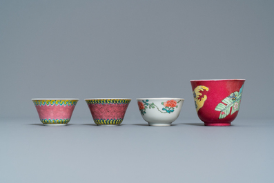 Four Chinese famille rose cups and saucers, Yongzheng/Qianlong