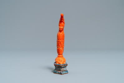 A Chinese carved red coral snuff bottle with a vase resting on a tortoise, Republic