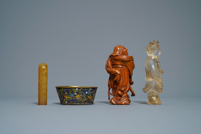 A varied selection of Chinese porcelain, bronze, wood and hardstone, 19/20th C.