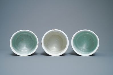 A set of six blue, white and manganese albarello-type drug jars, Nevers, France, 18th C.