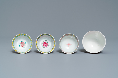 Four Chinese famille rose cups and saucers, Yongzheng/Qianlong