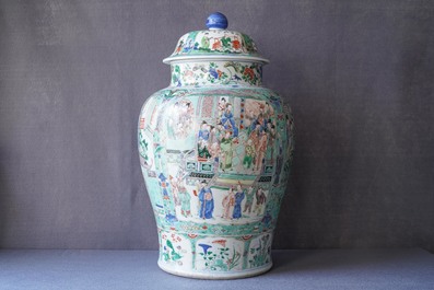 A pair of large Chinese famille verte vases and covers, Kangxi