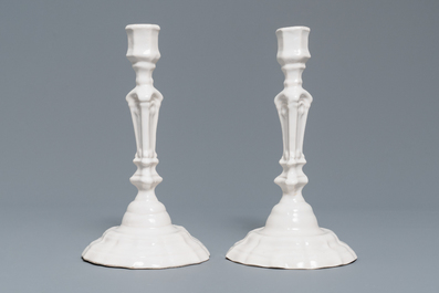 A set of six white Delftware candlesticks, France, 18th C.