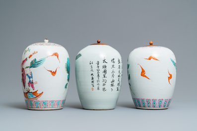 Three Chinese famille rose and qianjiang cai jars, 19/20th C.