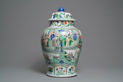 A pair of large Chinese famille verte vases and covers, Kangxi