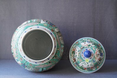 A pair of large Chinese famille verte vases and covers, Kangxi