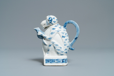 A rare Chinese blue and white monkey-shaped ewer and cover, 19th C.