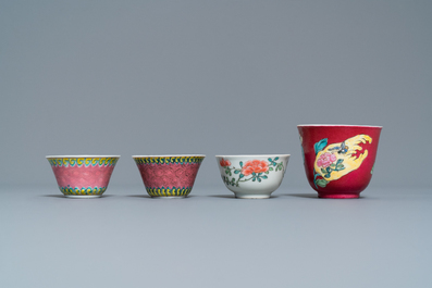 Four Chinese famille rose cups and saucers, Yongzheng/Qianlong