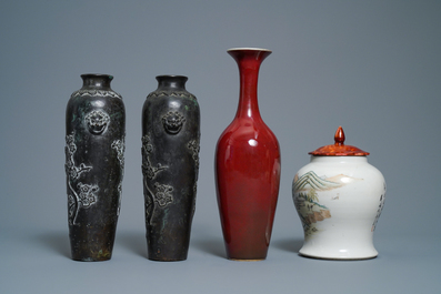 A varied selection of Chinese porcelain, bronze, wood and hardstone, 19/20th C.
